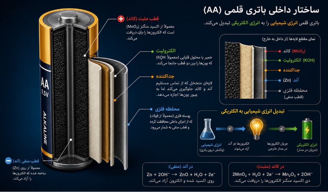 ساختار داخلی باتری قلمی آلکالاین